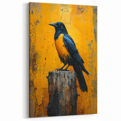Bold Raven Art - Vibrant Crow Painting with Textured Yellow Background