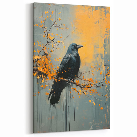 Autumn Raven Art - Elegant Crow on Branch with Falling Leaves