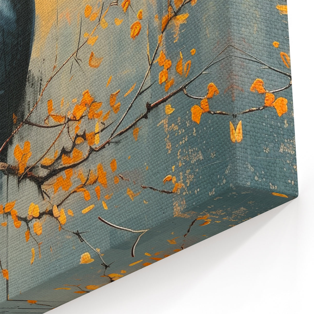 Autumn Raven Art - Elegant Crow on Branch with Falling Leaves