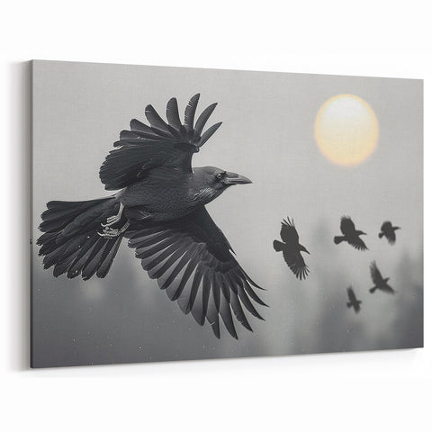 Mystical Raven in Flight - Elegant Crow Silhouette at Sunrise