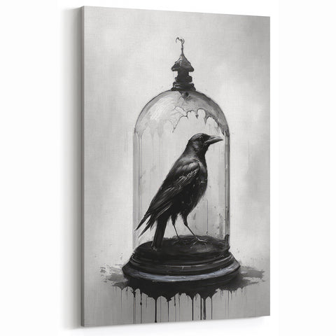 Gothic Raven Art - Crow in Glass Dome with Dark Drips