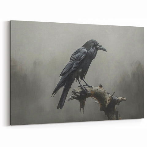 Misty Raven Art - Solitary Crow Perched in a Foggy Landscape