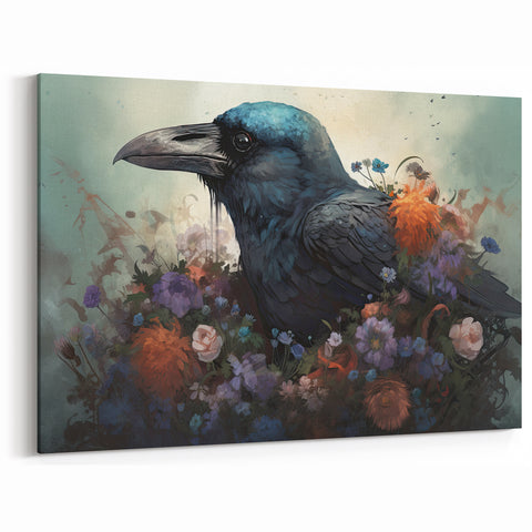 Floral Raven Art - Crow Surrounded by Vibrant Flowers
