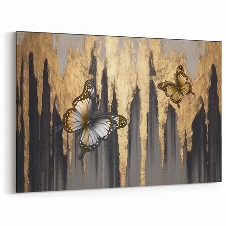 Golden Butterflies on Black Abstract Strokes and Lines Art