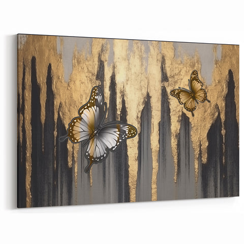 Golden Butterflies on Black Abstract Strokes and Lines Art