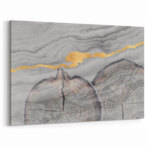 Gold Vein Line Art - Abstract Tree Rings on Grey Canvas