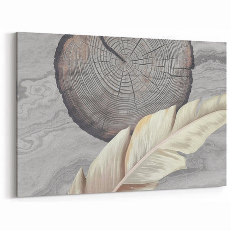 Abstract Tree Rings and Feather Art - Grey and Beige Canvas