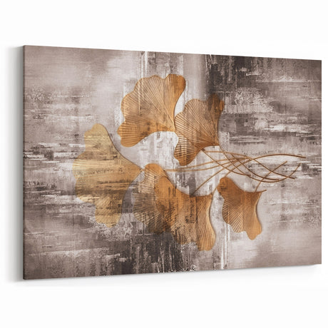 Golden Ginkgo Leaves Abstract Art - Modern Brush Strokes Canvas