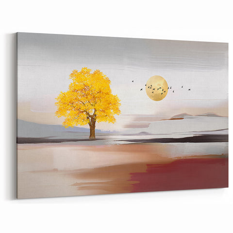 Autumn Tree Abstract Strokes and Lines Art with Golden Sun