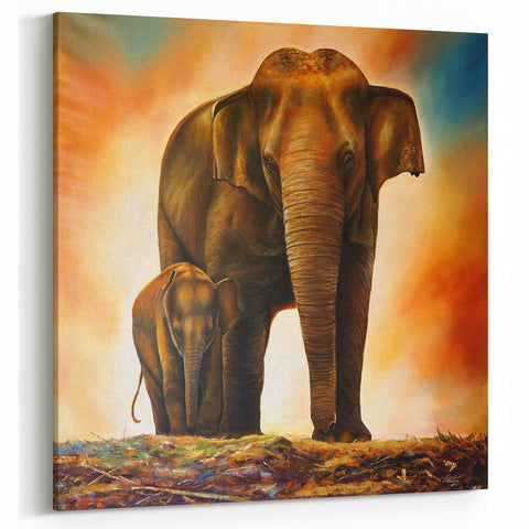 Elephant Wall Art - Mother and Calf Canvas with African Sunset Print