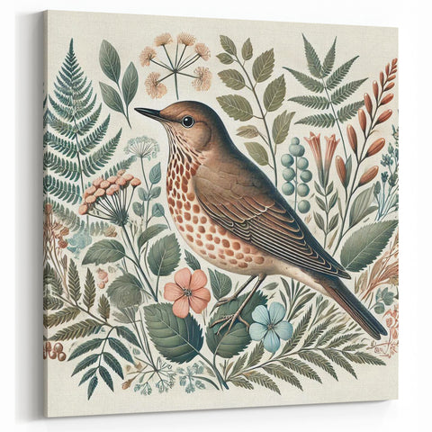 Botanical Garden Birds Wall Art - Songbird and Floral Canvas Decor