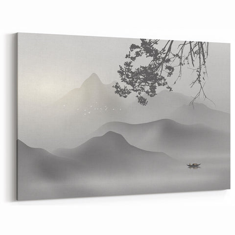 Serene Mountain Landscape with Abstract Lines Art