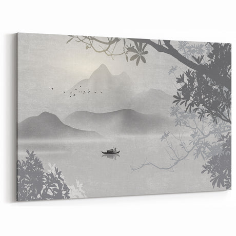 Tranquil Mountain Lake with Boat Abstract Art