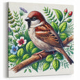 Botanical Garden Birds Wall Art - Sparrow and Floral Canvas Decor