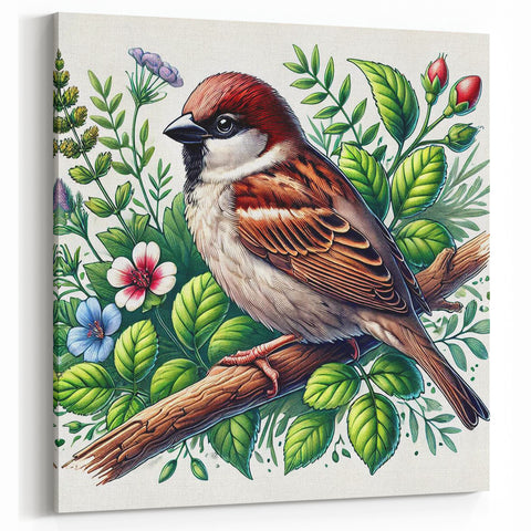 Botanical Garden Birds Wall Art - Sparrow and Floral Canvas Decor