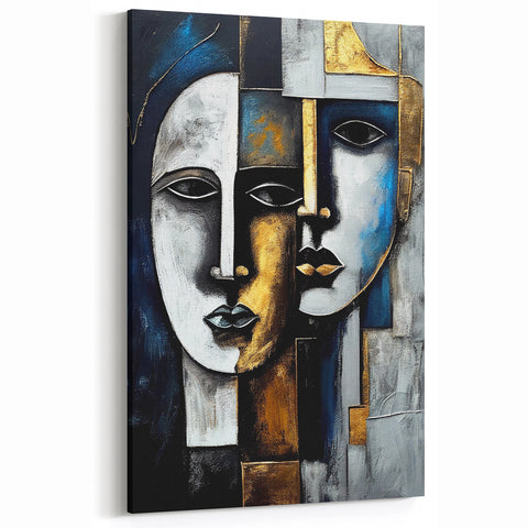 Dual Faces in Gold and Blue | Modern Geometric Figurative Wall Art