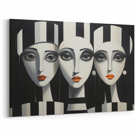 Modern Monochrome Figurative Abstract Wall Art - Trio of Faces Canvas