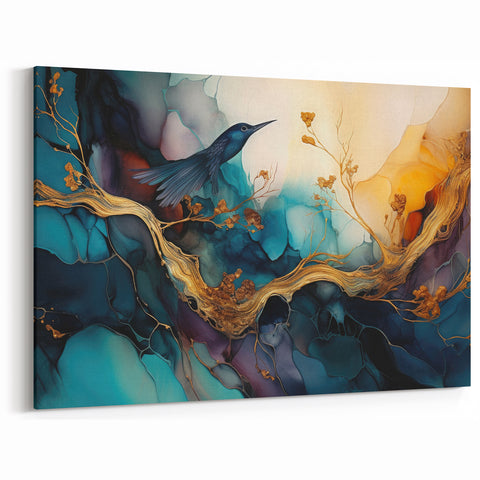 Elegant Figurative Abstract Wall Art - Hummingbird and Golden Branches