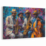 Vibrant Figurative Abstract Wall Art - Jazz Musicians in Colorful Ensemble