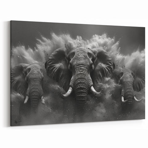 Thunderous Elephant Charge - Dramatic Black and White Canvas Art