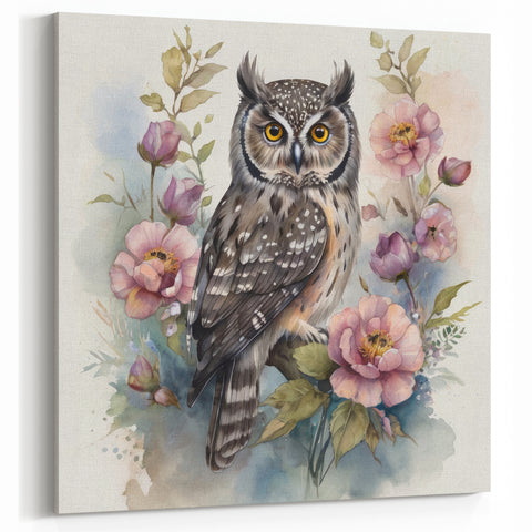 Floral Owl Wall Art - Charming Owl with Flowers Canvas & Framed Prints