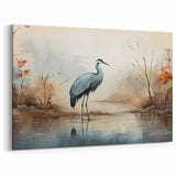 Heron Wall Art - Tranquil Heron in Misty Landscape Canvas Decor