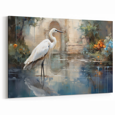 Egret Canvas Art - Graceful Egret in Garden Reflection Wall Decor
