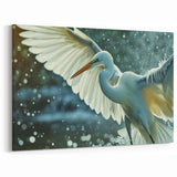 Egret Canvas Art - Dynamic Egret in Flight with Water Splash Decor