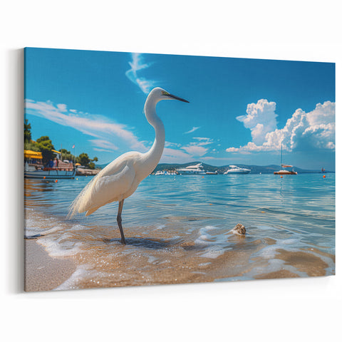 Egret Canvas Art - Serene Egret by the Shoreline Coastal Decor