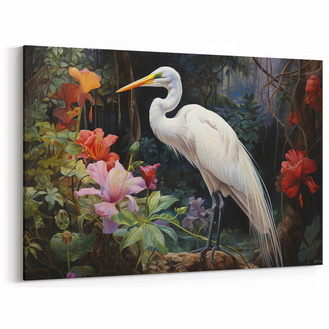 Elegant Egret Wall Art - Vibrant Egret Canvas Print with Floral Beauty