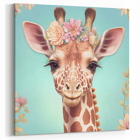 Floral Giraffe Wall Art - Cute and Whimsical Wildlife Canvas Print