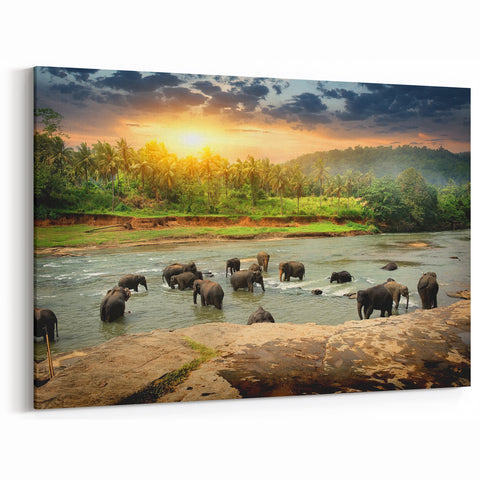 Elephants at Sunrise Wall Art - Scenic Wildlife Canvas Print for Home