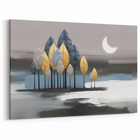 Moonlit Forest Abstract Art with Metallic Leaves – Modern Strokes Canvas