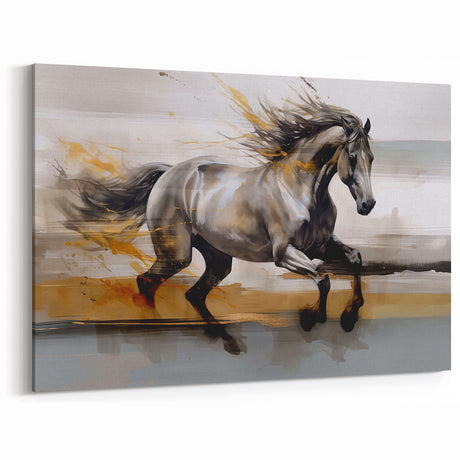 Dynamic Running Horse Art – Modern Abstract Equine Canvas with Gold Accents