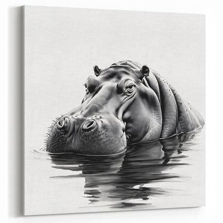 Black & White Hippopotamus Wall Art - Safari Hippo Canvas & Print