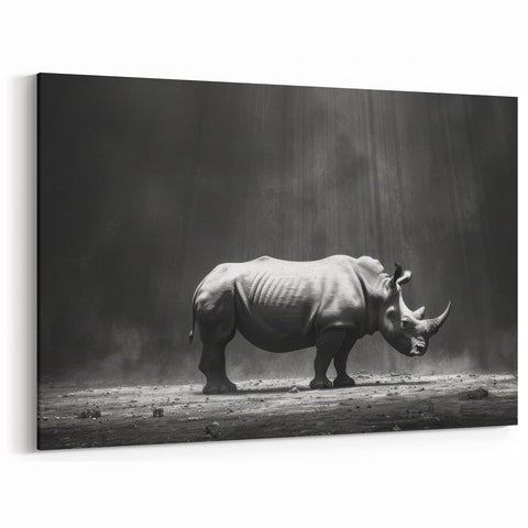 Dramatic Rhino in the Spotlight | Black & White Wildlife Canvas Art