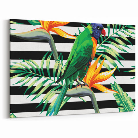 Tropical Parrot Wall Art – Bold Stripes and Bird of Paradise Decor