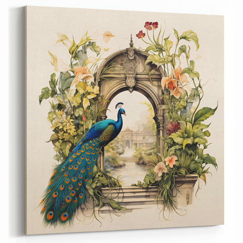 Serene Peacock Garden Wall Art - Elegant Peacock Archway Canvas Print