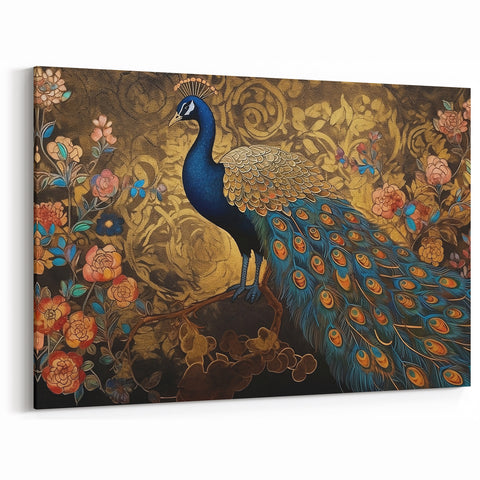 Opulent Peacock and Floral Wall Art - Luxurious Gold Canvas Print