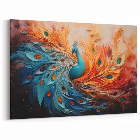 Fiery Peacock Explosion Wall Art - Dynamic Orange and Blue Canvas