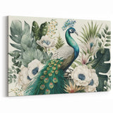 Elegant Peacock and Botanicals Wall Art - Serene Green Canvas Print