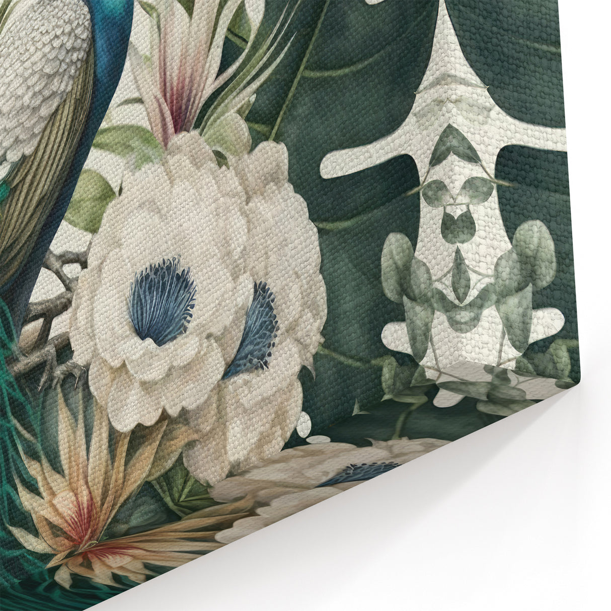 Elegant Peacock and Botanicals Wall Art - Serene Green Canvas Print