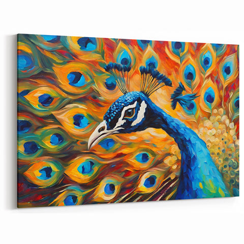 Vibrant Peacock Burst Wall Art - Dynamic Blue and Orange Canvas Print