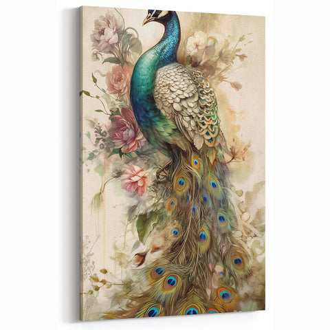 Elegant Peacock Wall Art with Floral Design - Luxurious Peacock Decor