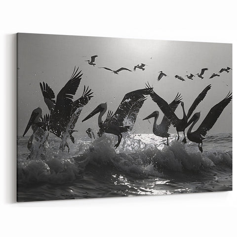 Dramatic Pelican Silhouette - Black & White Sea Birds Wall Art Print