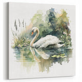 Watercolor Swan Wall Art - Serene Swan Canvas Print with Nature Scene
