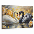 Romantic Swan Wall Art - Black and White Swan Canvas with Golden Roses