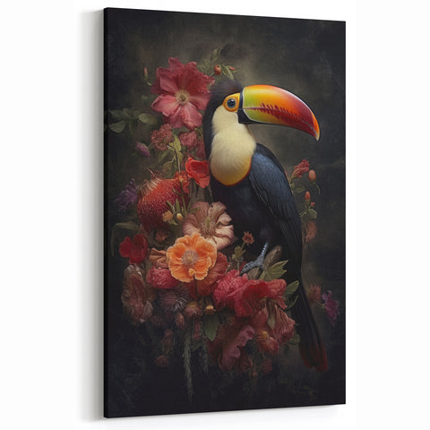 Tropical Toucan with Flowers Wall Art - Exotic Birds Canvas Print Decor