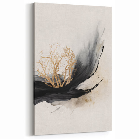 Modern Abstract Wall Art - Black and Gold Tree Design Canvas