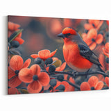 Floral Tropical Bird Wall Art - Vibrant Red and Coral Canvas Print - Framed Art